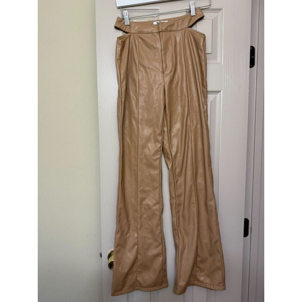 Tiger Mist tan faux leather pants with cut outs - small
